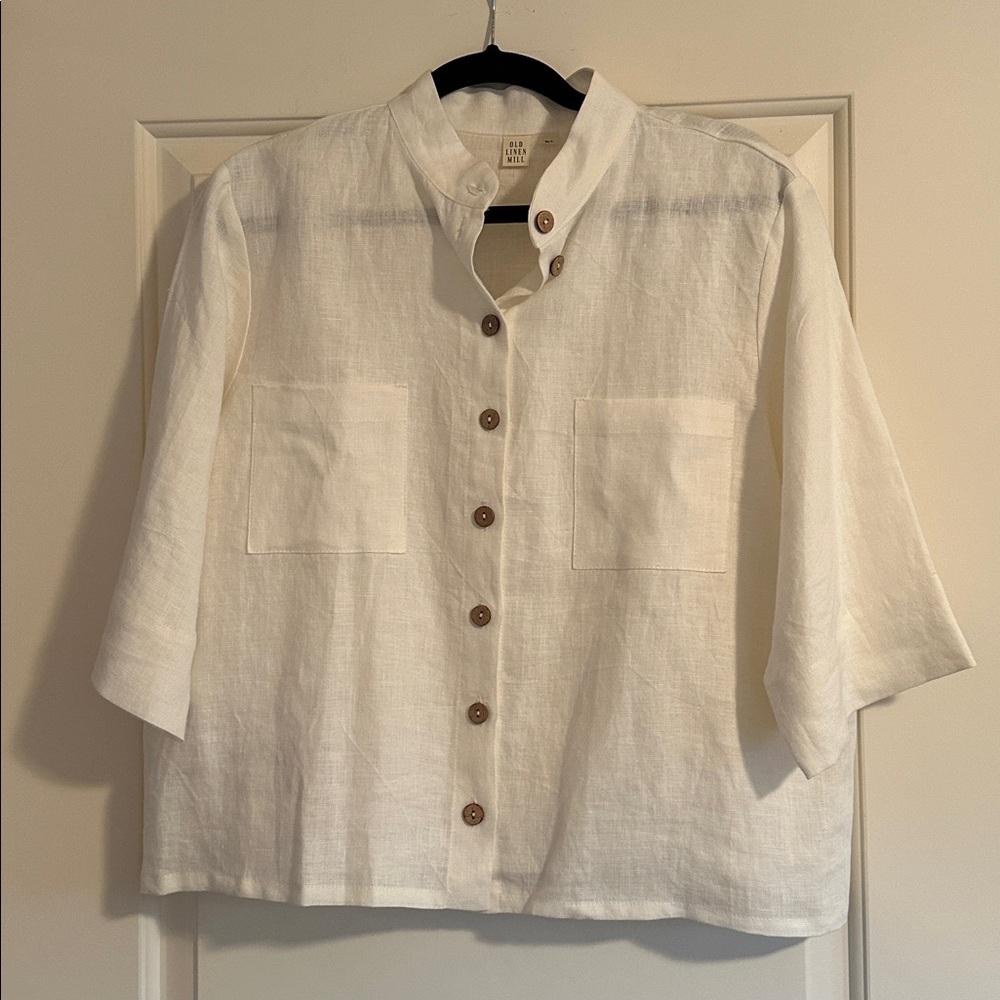 Old Linen Mill Cream Button-Up Collarless Linen Shirt